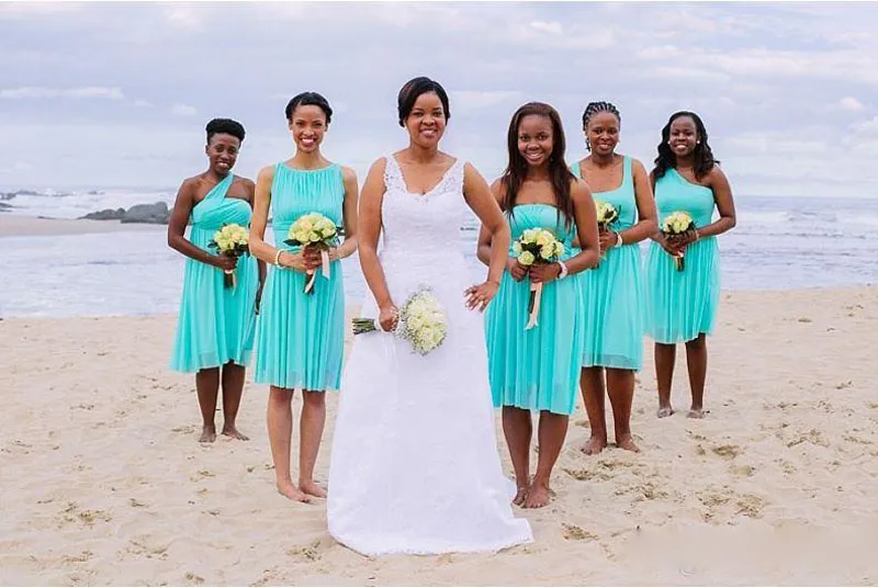 Cheap Chiffon Short Bridesmaid Dresses South Africa Knee Length Blue Beach Wedding Party Gowns Chiffon Ruched African Dress For Bridesmaid