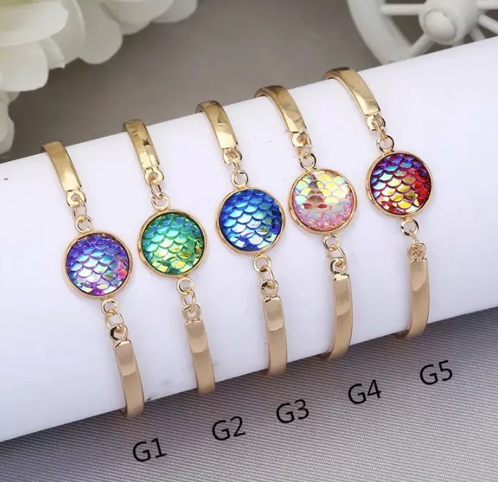 2017 Ny Rhinestone Mermaid Charm Armband 5 Färg Fiskskalor Mönster Ladies Bangeles Kvinnor Guld Silver Plated Druzy Armband Charms