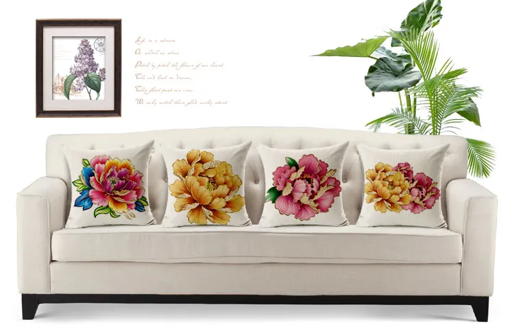 180g Toppkvalitetsblomma Kuddehus Hem Soffa Kuddehölje Handmålade Vacker Peony Car Chair Pillowcases Linen Bomull Blandning