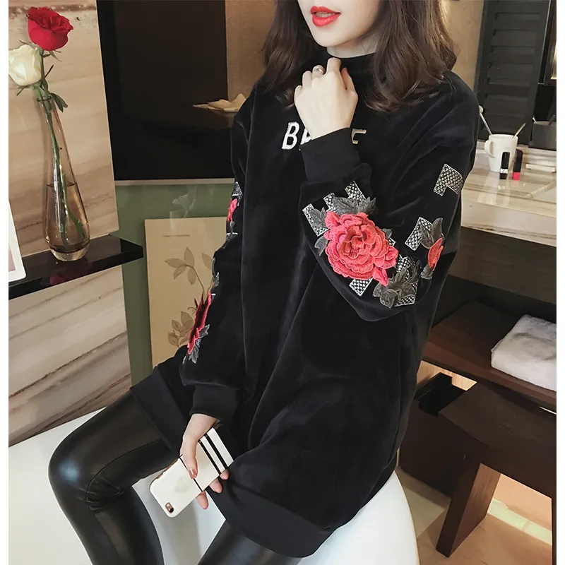 Women's autumn new fashion plus size long sleeve loose embroidery flower letter pattern cool fashion velvet thickening sweatshirt hoodies