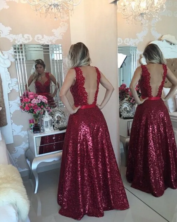 Bling Bling Bourgogne Robe De Bal Longue Vin Rouge Paillettes Une Ligne Dos Ouvert Robes De Soirée Tenue De Soirée Dentelle Perlée Appliques Bow Sash Personnalisé