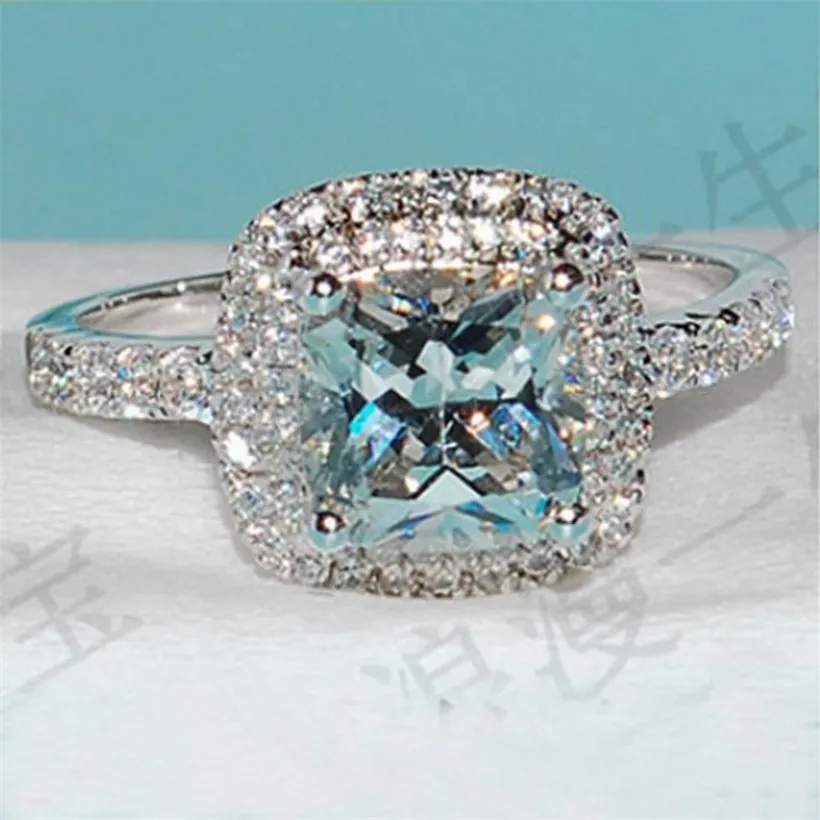 Biżuteria Diamond Pierścień Lady 925 srebrna księżniczka-Cut Crystal Diamond Wedding Pierłogość na Walentynki Rozmiar 5-10