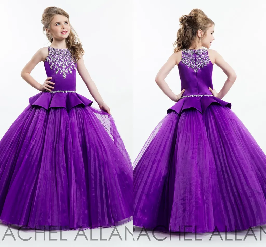 2020 Rachel Allan Purple Ball Vestido Princesa Girl Pageant Vestidos Sparkling Frisado Cristais Zipper Back Meninas Bonitos Flor Meninas Vestidos