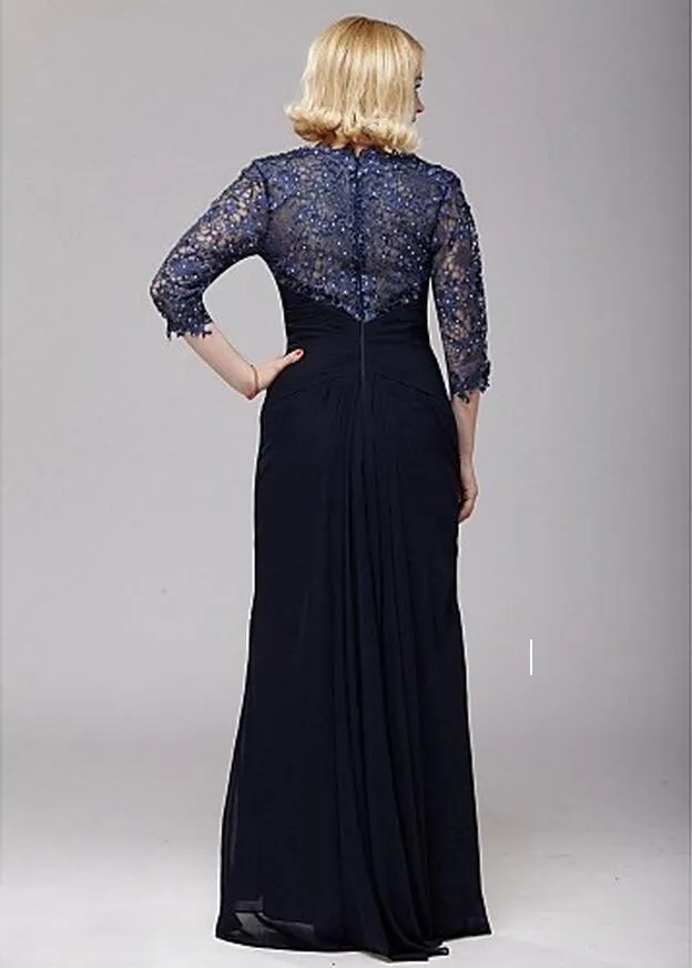 Drilling Sheath V-neck A-line Lace and Chiffon Mother of the Bride Dress 3 4 Sleeve Floor Length Mother's Dresses271a