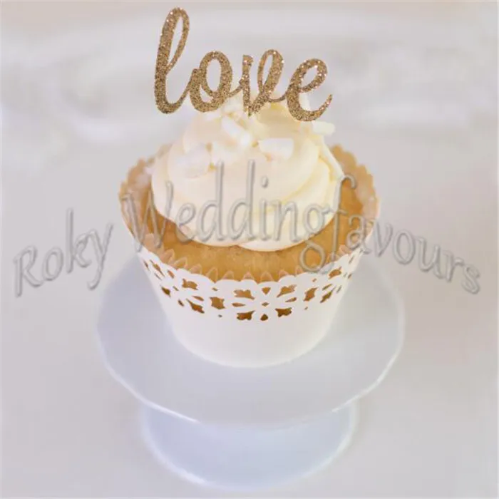 Freies Verschiffen Gold LIEBE Glitter Cupcake Picks Hochzeit Liefert Party Cupcake Picks Topper LIEBE Zahnstocher Gefälligkeiten Tisch Dekoration