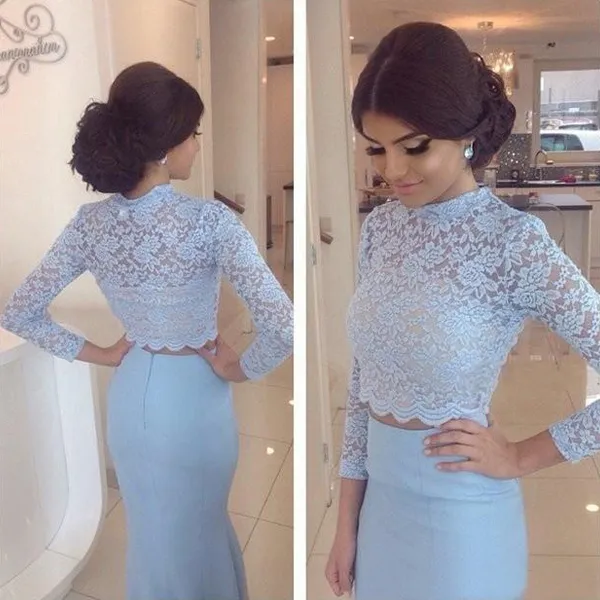 Stunning Fashion Two Pieces Prom Dresses Illusion High Neck Lace Crop Top Long Sleeves Mermaid Long Formal Evening Party Gowns