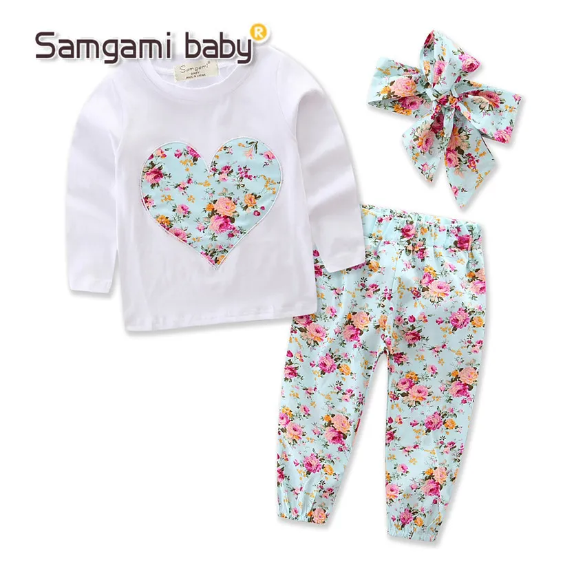 Bebê INS em forma de coração roupas de flores Crianças Casual manga comprida T-shirt + calça + Arco headband 3 pçs / sets Pijama Floral Conjuntos de Roupas