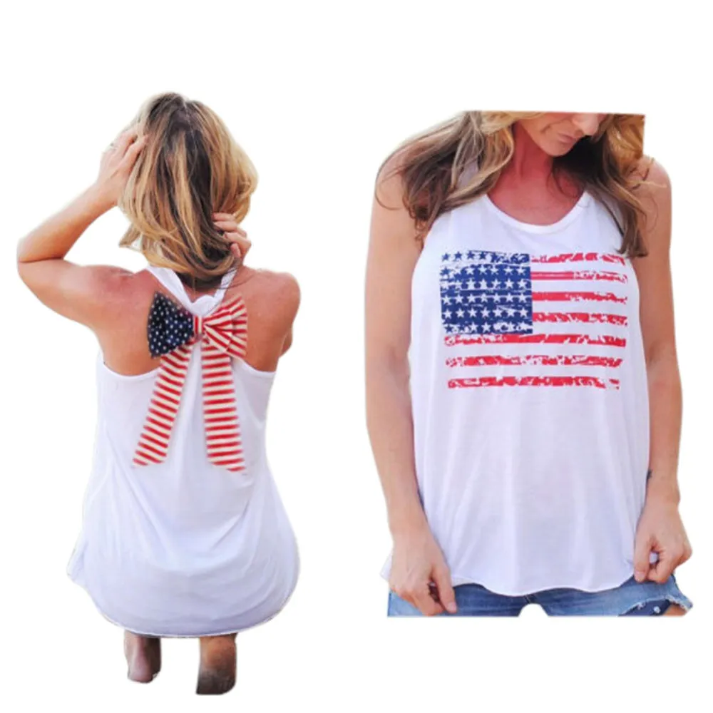 도매 - 새로운 여름 섹시한 여성 민소매 탑스 미국 미국 국기 인쇄 줄무늬 나비 - 매듭 탱크 탑 여자 블라우스 조끼 셔츠 o 목 y3