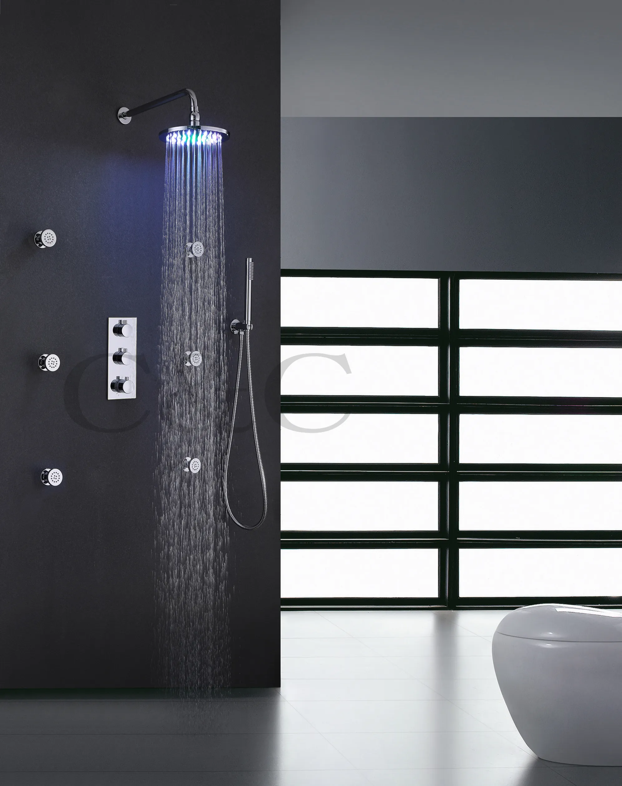 Set doccia termostatico per bagno Soffione doccia cromato da 8 pollici LED 7 colori Soffione doccia per massaggio corpo Spa da 6 pezzi Include I007-8RC-2Y