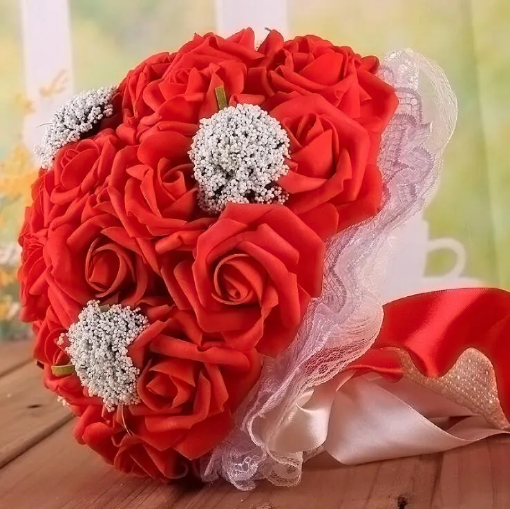 Lindo buquê de casamento de noiva, todos feitos à mão, buquês de flores de noiva, pérolas artificiais, buquê de rosas com presente 9 Col4361685