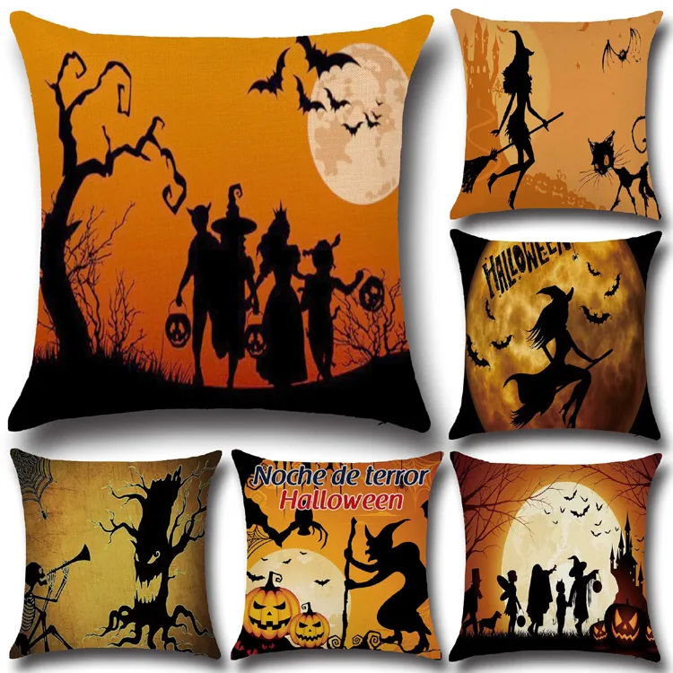 Noche de terror Halloween Cushion Cover Broomsticks Witch Pumpkin Bats Pillow Cover Home Decor Festival Gift YLCM