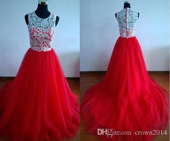 Jewel Neck White and Red Lace Evening Dresses Tulle A-Line Sweep Train Plus Size Formal Prom Dresses Real Photos Custom Made