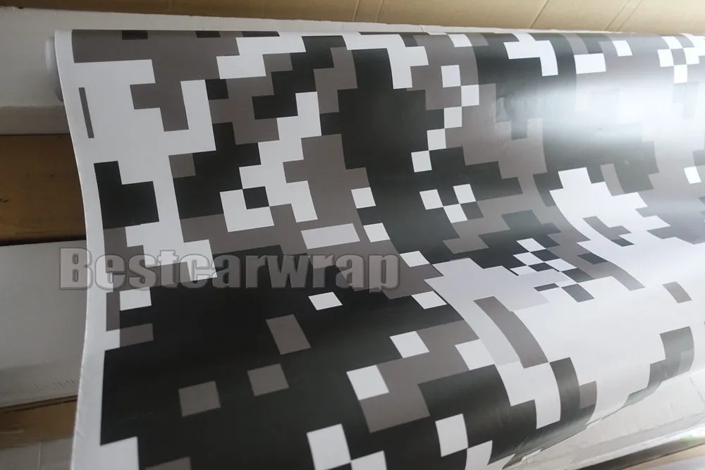 Beyaz Siyah Ubran Dijital Kaplan Camo Vinil Araba Wrap Hava Kabarcık Ücretsiz Piksel Kamuflaj Grafik Araba Sticker Film 1.52x10m / 20m / 30m