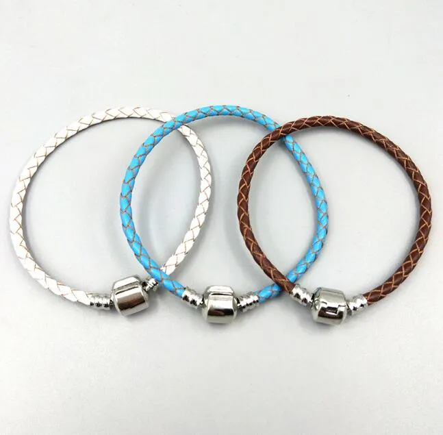 20CM Authentic 925 Sterling Silver Clasp Bead Original Stamp Woven Leather Bracelet Fits PCharms Bracelet DIY Fashion Jewelry