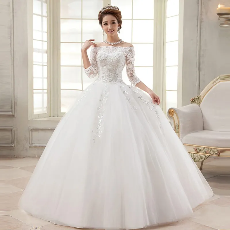 Lace Applique Wedding Dress Vestido De Noiva Three Quarter Sleeve Bateau Neck Casamento Bridal Wedding Gown Robe De Mariage Renda Boda
