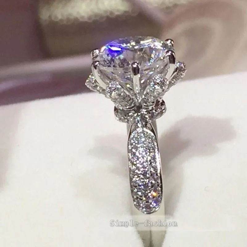 Victoria Wieck Pave Luxury Jewelry 8mm White topaz 925 Sterling silver Simulated Diamond Wedding Engagement Flower Women Ring Size 5-11