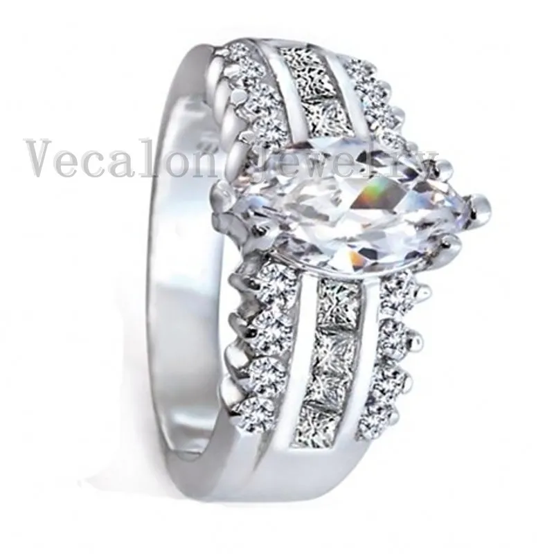 Vecalon mode kvinnor smycken engagemang bröllop bandring 5ct cz diamantring 925 sterling silver kvinnlig fingerring