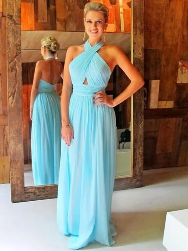 Sexy Prom Dresses Long Formal Halter Neck Sleeveless Backless Ruched Chiffon Light Blue Evening Party Gowns Beach Party Formal Wear