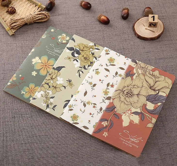 Vintage europeo cuaderno de papel kraft cartón impreso diseño de flores notas almohadillas niños estudiantes escuela dibujo en blanco boceto cuadernos libro