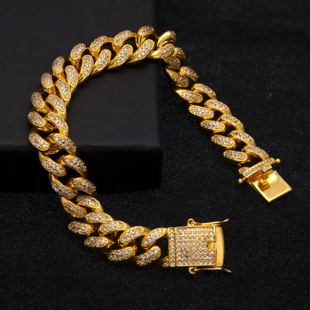 12mm Grube Heavy CZ Hip Hop Biżuteria Miami Cuban Link Łańcuch Bransoletka Tenis Gold Silver Rosegold Colors