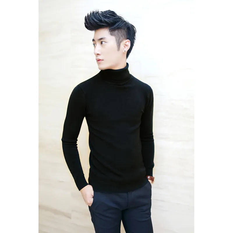 Al por mayor-2016 nuevos suéteres de los hombres de la marca de moda suéter coreano hombres cuello alto hombres manga completa color sólido mezcla de lana gruesa suéter para hombre