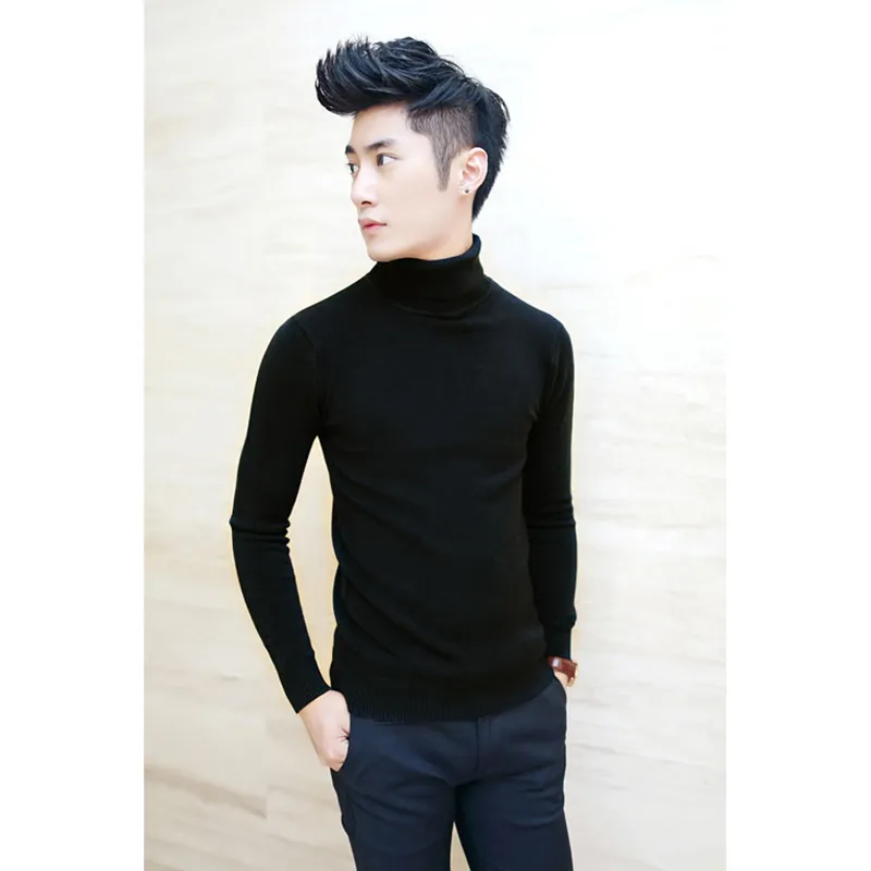 Wholesale-2016 new brand fashion men's sweaters korean sweater men turtleneck men full sleeve solid color thick wool blend mens pullover