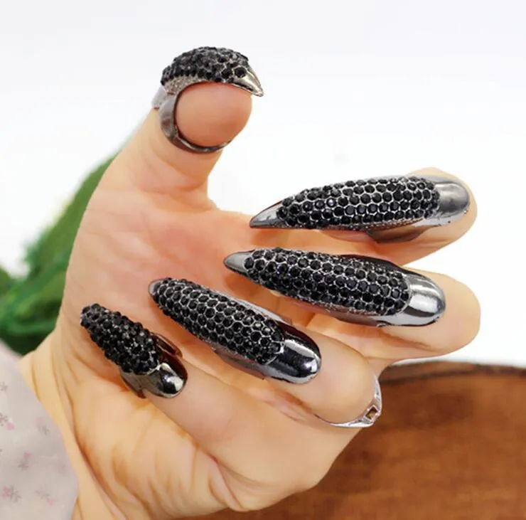 Punk Full Strass Nail Finger Ring Exagéré Holloween Cosplay Bijoux Cristal Noir Eagle Claw Nail Rings 5pcs / set