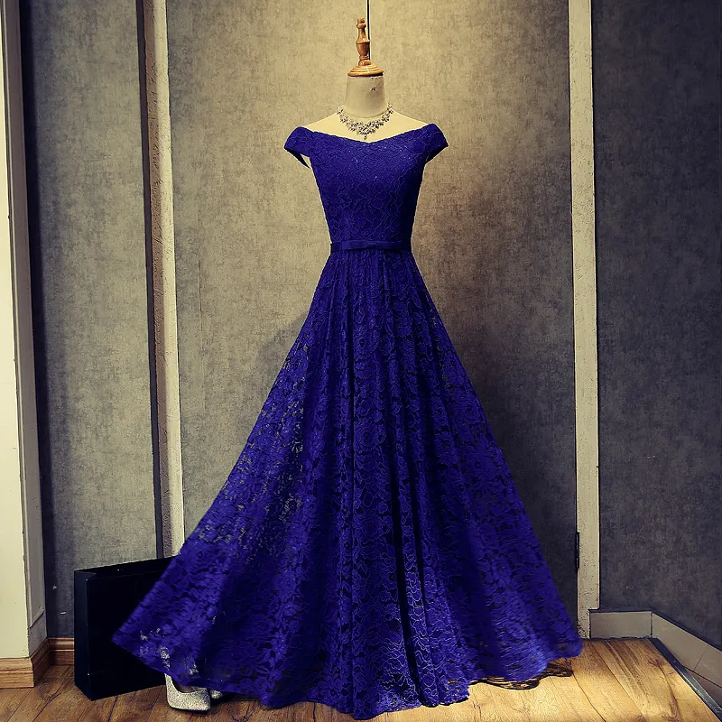 Bateau Neck Lace Evening Dress Royal Blue Burgundy 2018 Elegant