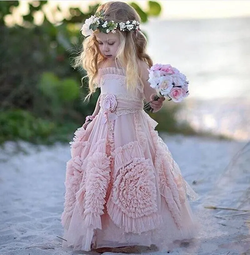 Roze halter kleine meisjes feestjurken 2016 chiffon ruches bloem meisje jurken voor strand bruiloft vloer lengte pageant toga's met bloemen