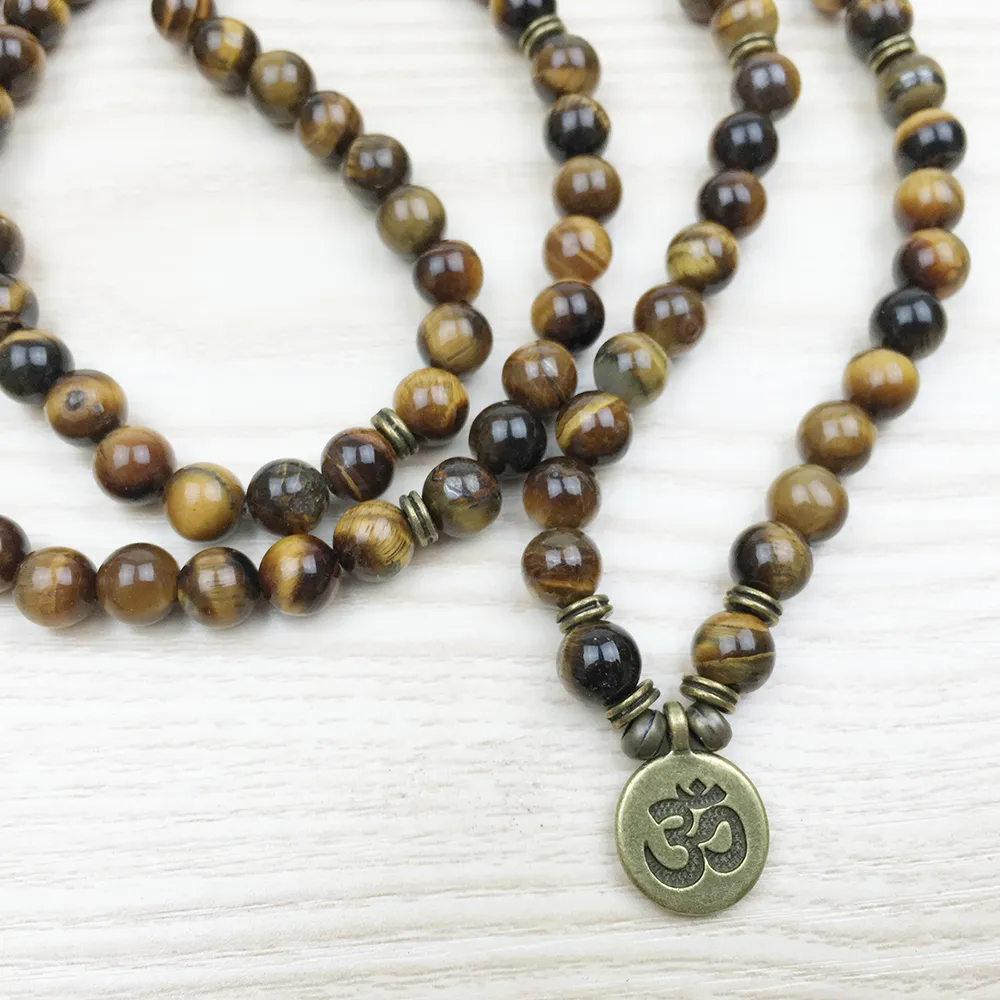 SN1148 Fashion Tiger Eye 108 Mala Bracciale Om Buddha Bracciale o collana Yoga Bracciale 4 Wrap Bracciale in pietra naturale