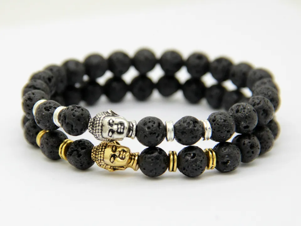 2015 Hot Sale Jewelry Black Lava Energy Stone Beads Gold And Silver Buddha Bracelets Wholesale New Products for Men's and Women's GIft