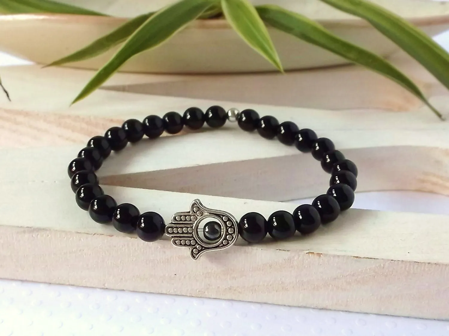 SN0307 Hamsa ręcznie czarny agat kamień naturalny bransoletka Mala Yoga Man Bransoletka Stretch Mens Jewelry New Design Bransoletka