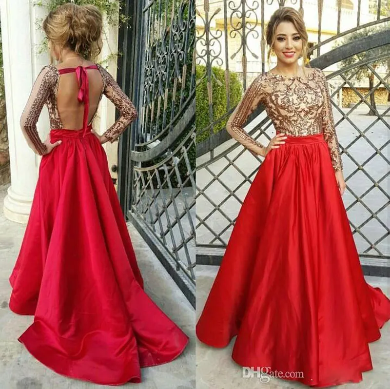 2017 Gold Sleeveless Backless Evening Gowns Sheer Neck Sequins Beaded Satin Floor Length Evening Dress Long Formal Dresses Sweep Train