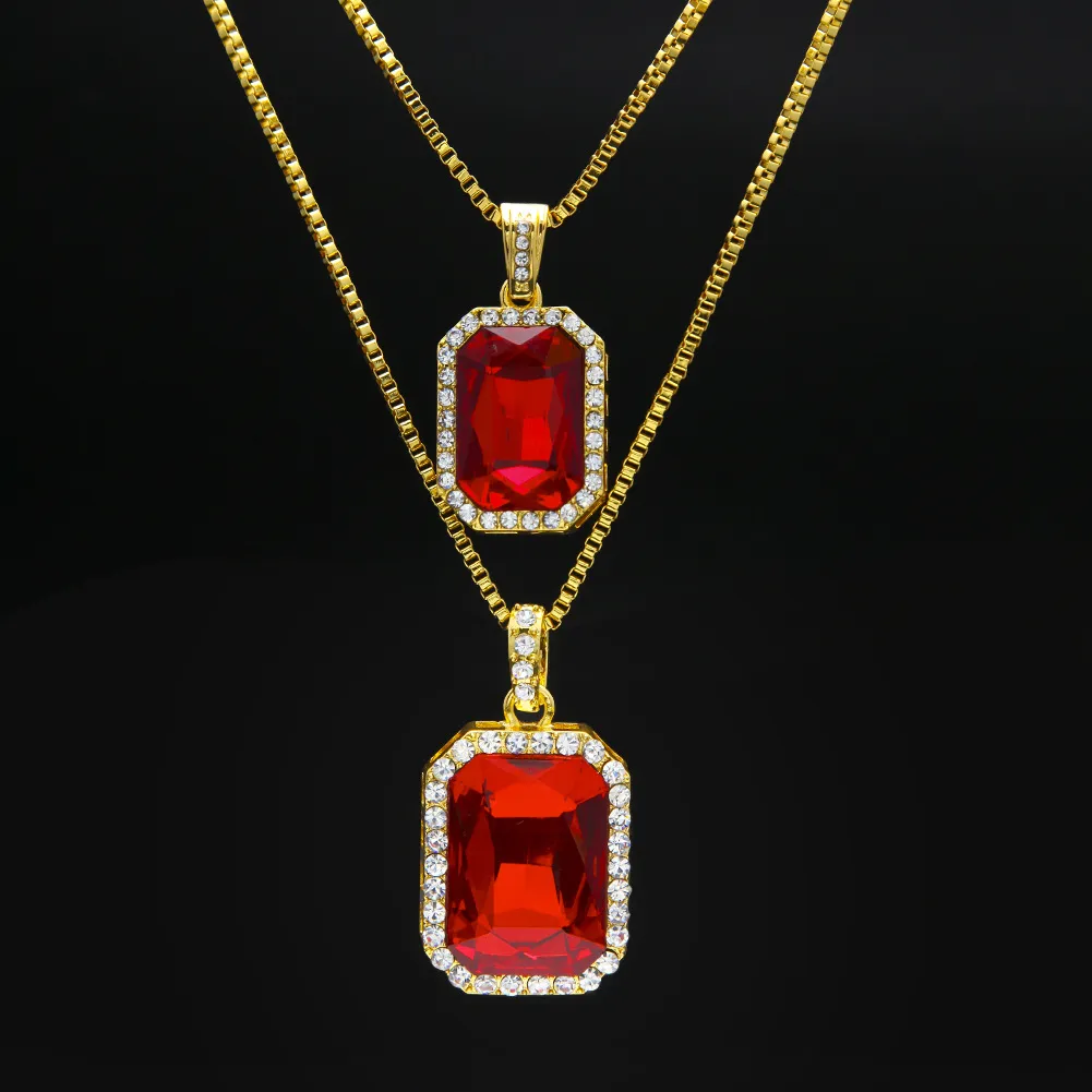 2 sztuk Ruby Naszyjnik Zestaw Biżuterii Srebrny Pozłacane Iced Out Square Red Pendant Hip Box Łańcuch