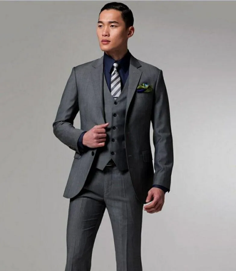 높은 품질 두 버튼 짙은 회색 신랑 턱시도 노치 옷깃 신랑 맨 남자 웨딩 복 Prom Clothing (Jacket + Pants + Vest)