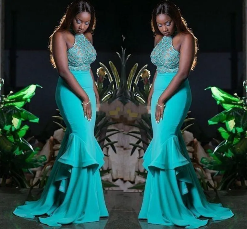 Turquoise groene kralen halter prom jurken sexy backless zeemeermin avondjurken plus size zwarte meisjes formele feestjurken