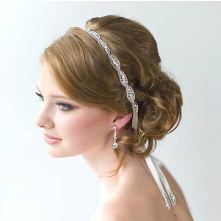 European Luxury Crystal Chaton Bride Hair Band Wedding Hair Headdress Ribbon Rhinestone Hair Band