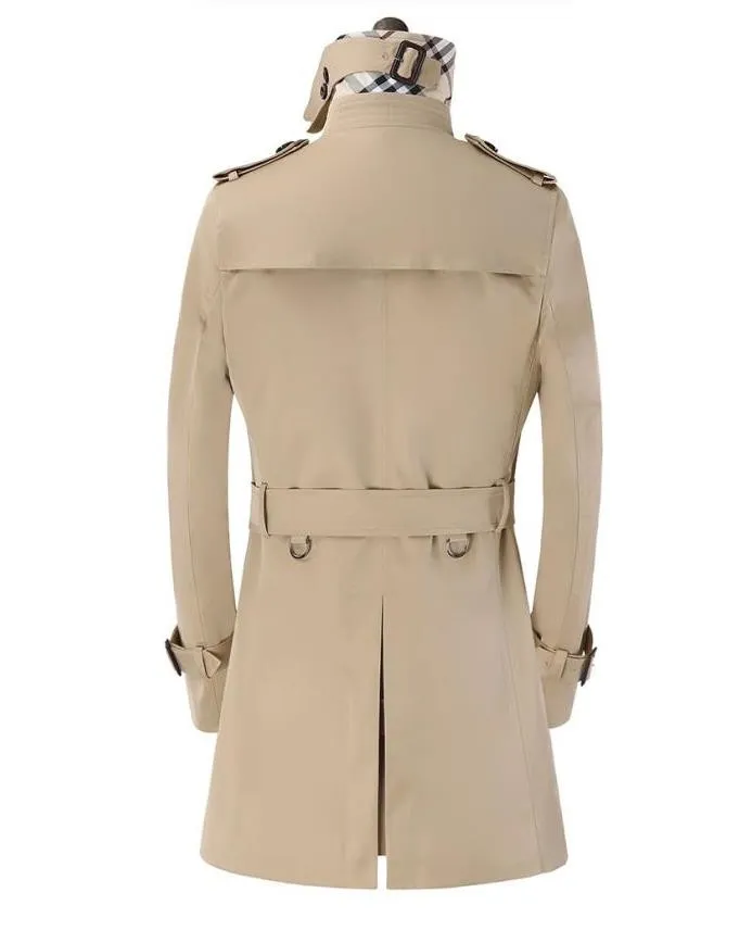 Khaki svart beige svart dubbla breasted mens trench coats man lång kappa män kläder smal passform bomull överrock män plus