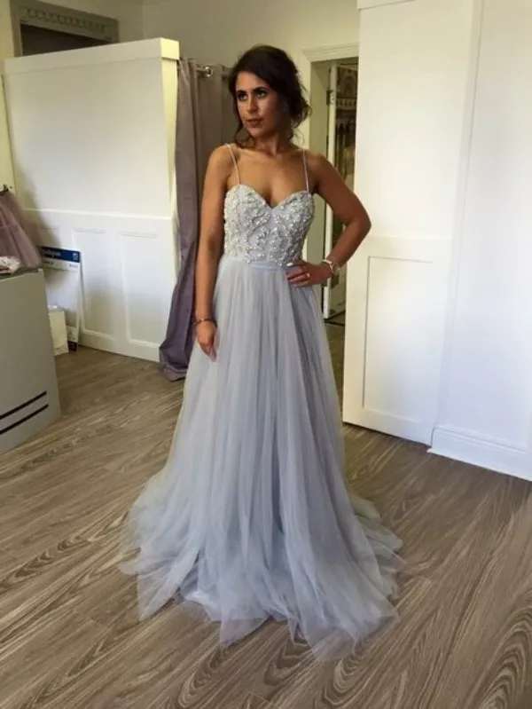 Silver Grey Spaghetti Strap Evening Dress Beaded Floor-Length Formal Gown  from Dhgate Prom Dresses - price 146.44