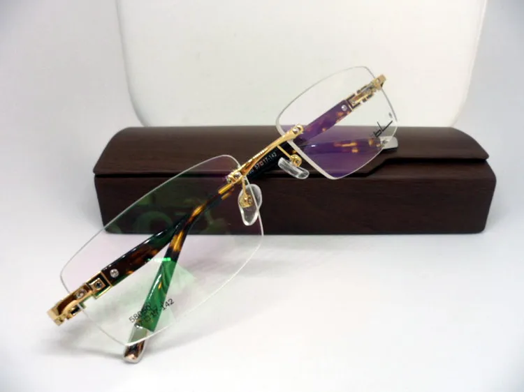 Kwaliteit goedkope brilmontuur randloos rechthoekig frame schildpad plank benen drie kleuren brillen voor mannen 580504017798
