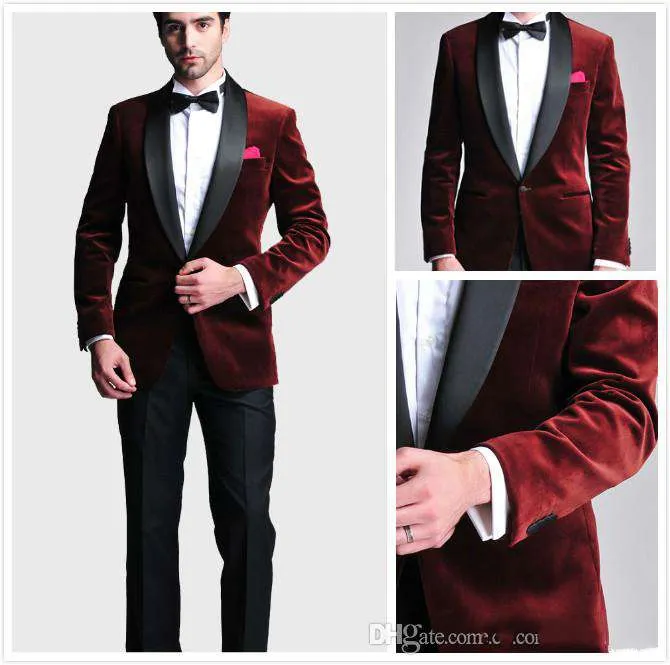 Burgundia Velvet Slim Fit 2020 Groom Smokingi Wedding Garnitury Custom Made Groomsmen Best Man Bal Garnitury Czarne spodnie Kurtka + Spodnie + Bow + Hanky