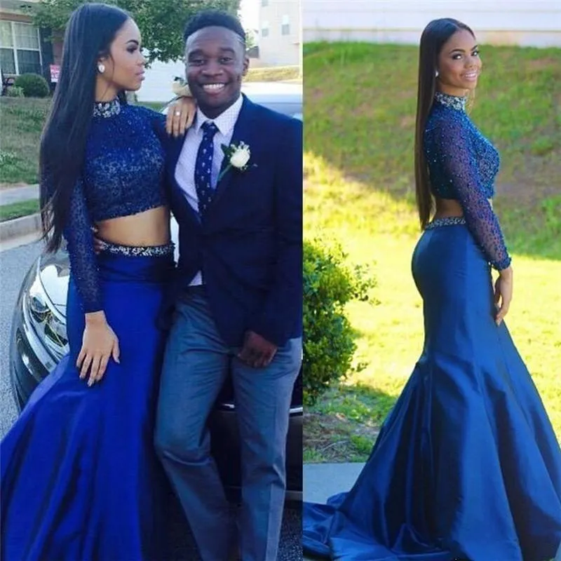 Two Piece Navy Blue Mermaid Prom Dresses High Neck Prom Dresses Top Crystal Beaded Long Sleeve Evening Gowns Fishtail African Indian Dresses