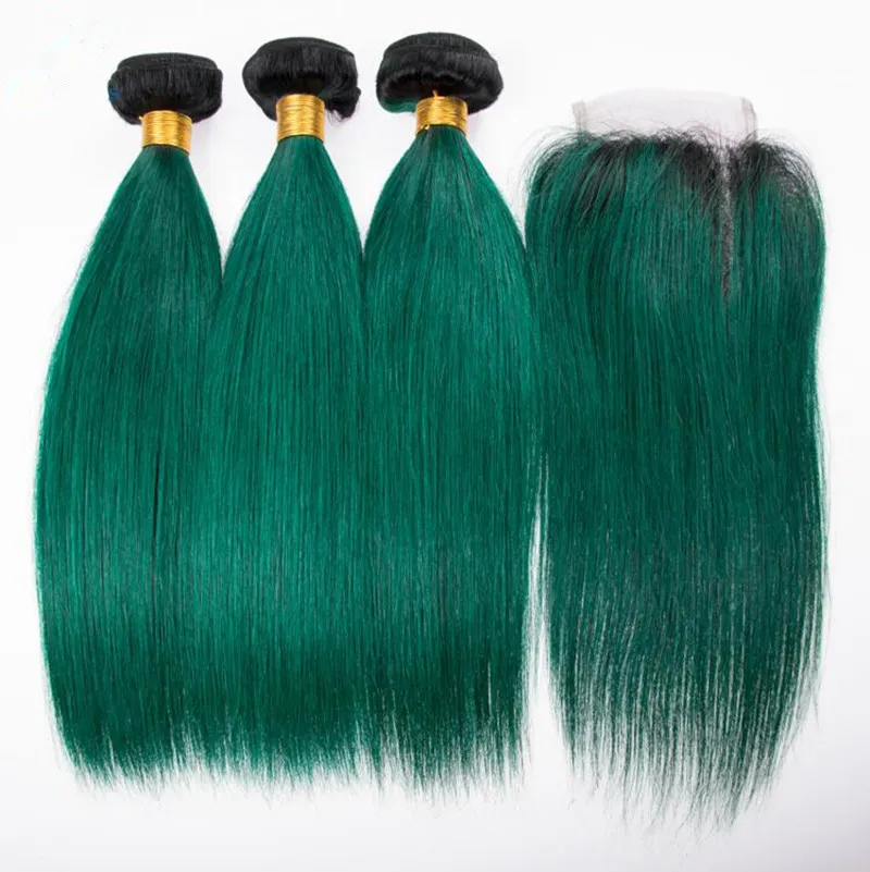 Ombre Black Dark Green Hair 3 Bundles With 4x4 Closure Silky Straight Virgin Human Hair Weft Extension With 1B Green Closure 4x4