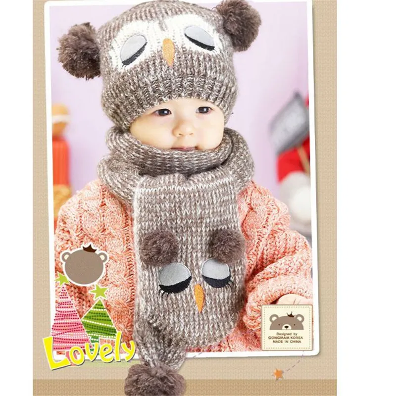 Großhandel Baby Mützen Hüte Set Eule Kind Wollmütze Kleinkind Strickmütze mit Schal Kind Wolle niedliche Unisex Hüte kid407