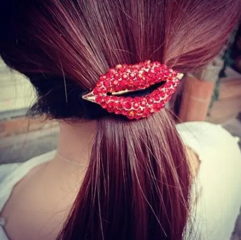 Hot Sales Fashion Korean Cute Girls Hair Clip Full Red Rhinestone Lip Hair Bands Hair Accessories Head Rope for women DHF422