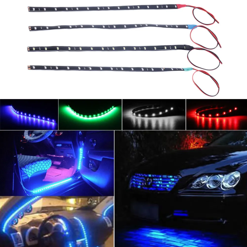 15LED/30cm Faixa de LED à prova d'água 3528 12V DC SMD Faixas de LED flexíveis de alta potência para carro, branco/azul/vermelho/verde/amarelo