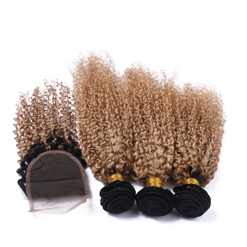 Brésilien 9A Ombre Couleur Kinky Curly Bundles cheveux avec dentelle fermeture 2 Tone 1B 27 tissages cheveux avec fermeture Top / 