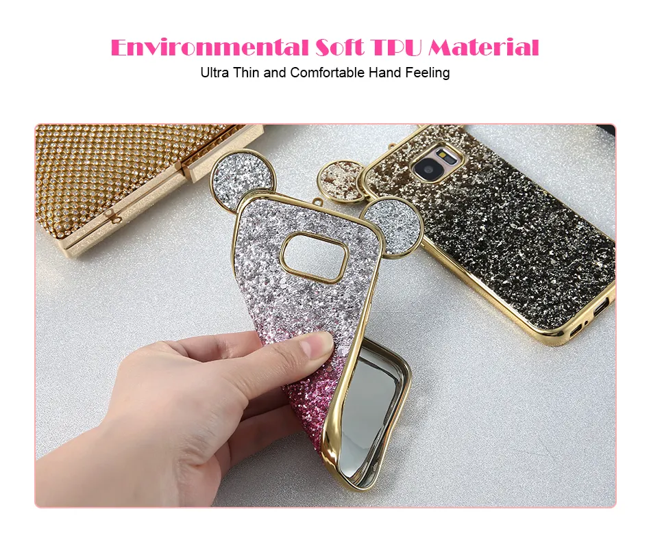 3D Kulak bling Telefon Kılıfı için Samsung Galaxy S6, S7 Kenar Kapak Renkli Gradient Glitter Kapak For Samsung Galaxy S8 Artı Sevimli Kılıf