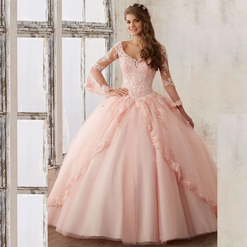 Rosa Farbe Ballkleid Abendkleider Real Applikationen Perlen Sexy Long Sleeves Backless Quinceanera Kleider Kleid Prom Pageant Debutante Kleid