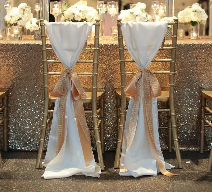 Fashiontaffeta Chair Cover utan Champagne Ribbon Seqed Organza Mest populära Bröllop Favoriter Bröllopsstol Sashes Bröllopsdekorationer